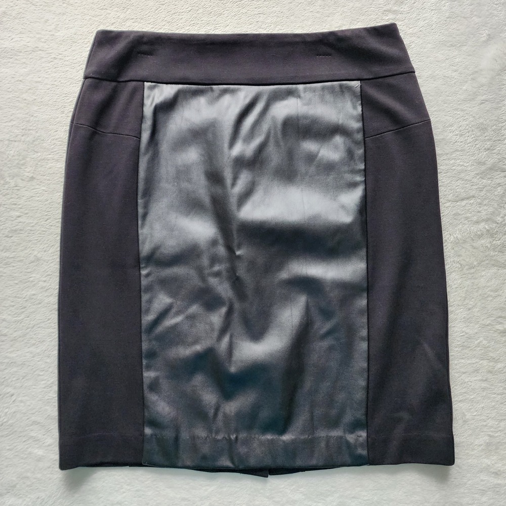 Jessica Faux Leather Panel Pencil Skirt Womens 8P Black Ponte Knit Career Office